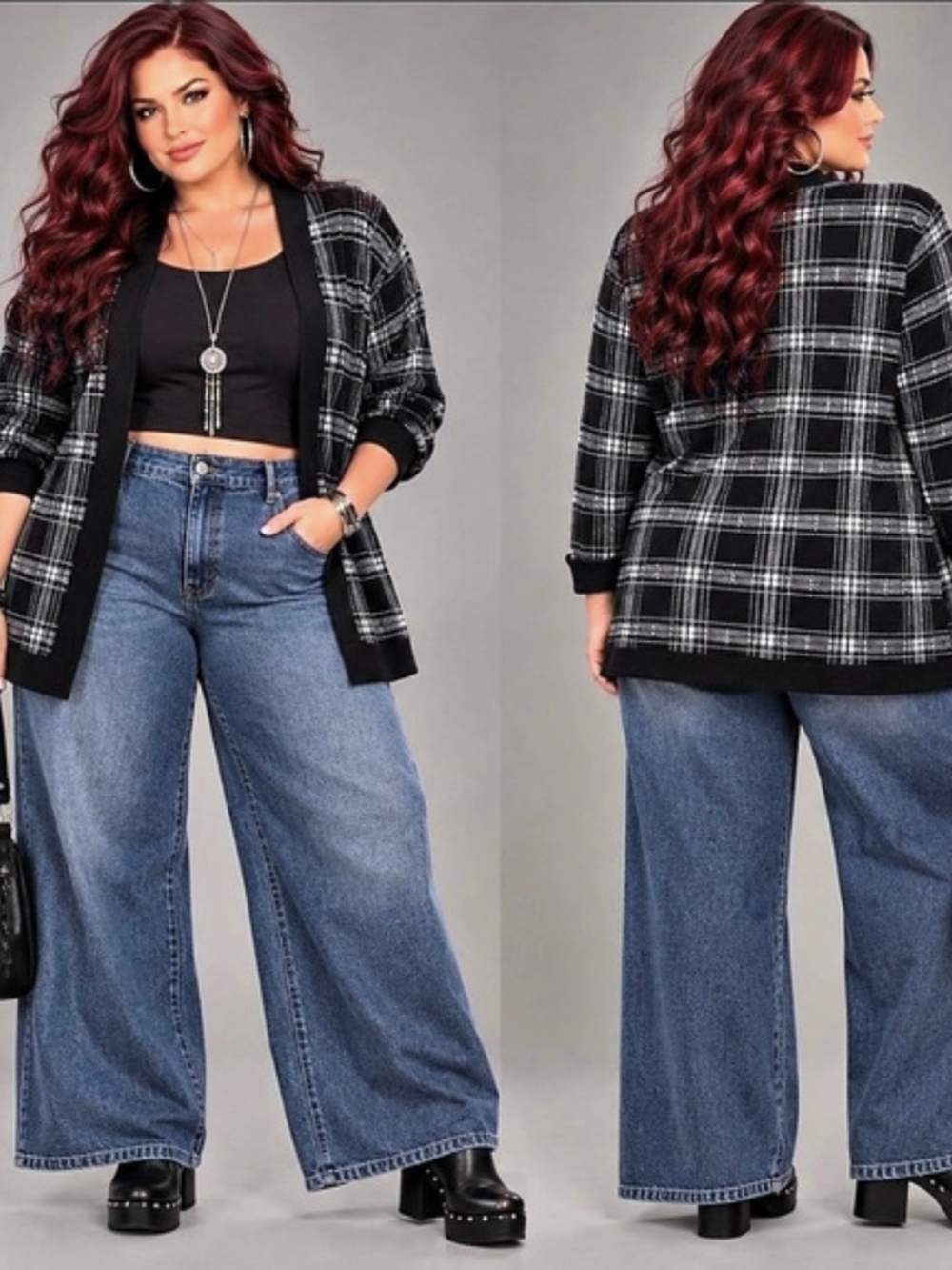 Croft & Barrow | Black & White Plaid Open Front Cardigan Sweater | Size XL